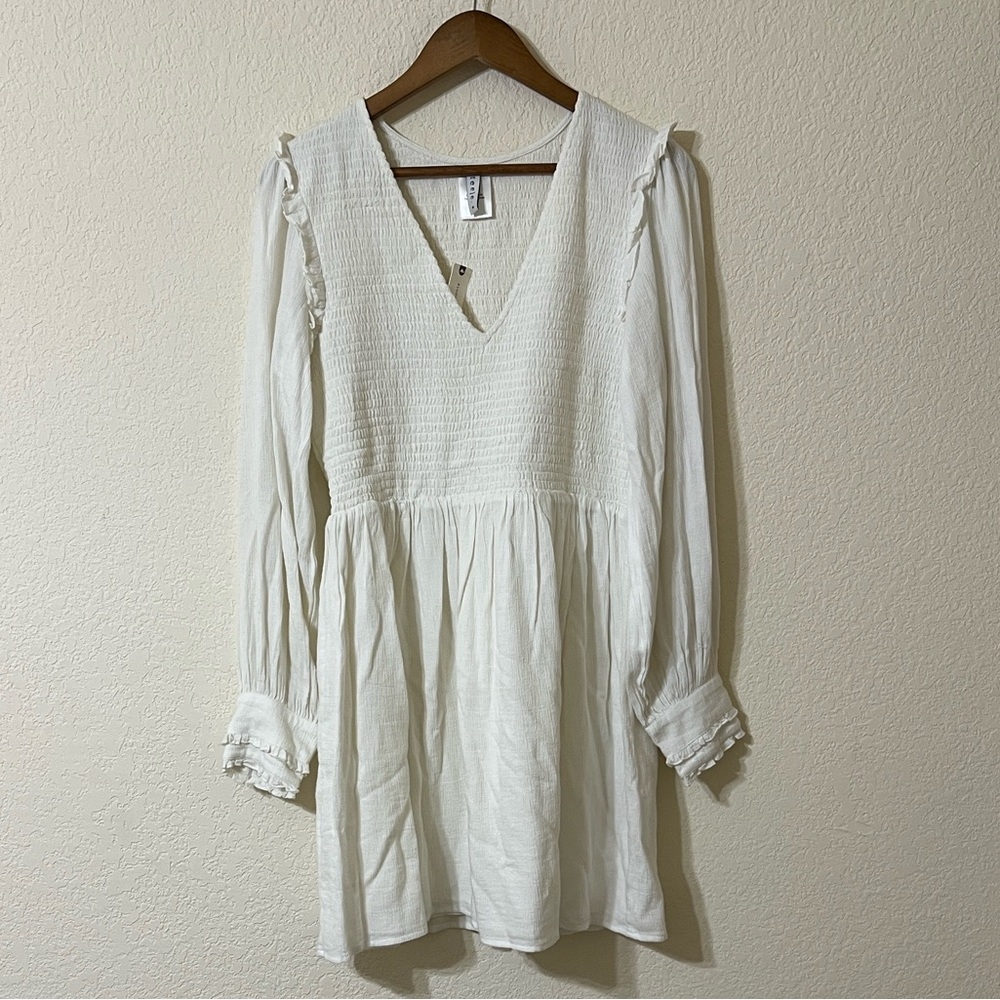 Anthropologie | Steele White Smocked Balloon Sleeve Mini Dress Women’s XL NEW